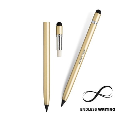 Canetas douradas metálicas com ponta negra e texto ENDLESS WRITING