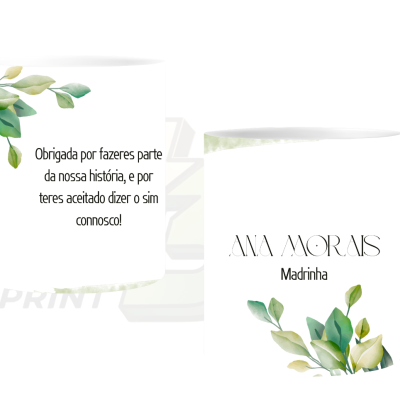 Canecas brancas com alças cinza claro, folhas verdes e texto em preto