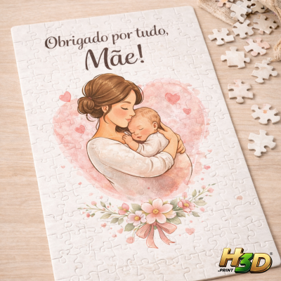 Puzzle com ilustração de mãe e bebé, texto em português e peças soltas ao lado