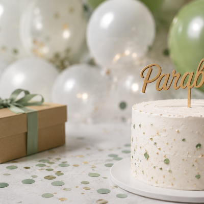 Bolo de aniversário branco decorado com topper Parabéns em madeira, caixa de presente com fita verde, balões e confetes