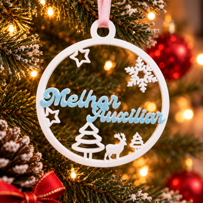 Enfeite de Natal branco com texto azul Melhor Auxiliar pendurado em árvore com luzes e bola vermelha