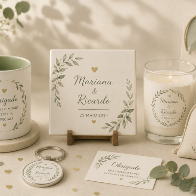 Produtos personalizados para casamento com design floral e texto em verde e dourado