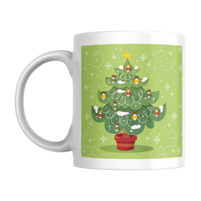 Caneca branca com árvore de Natal desenhada