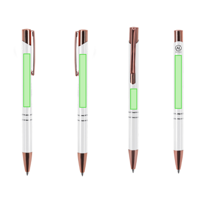 Quatro canetas metálicas com detalhes em cobre e áreas verdes para personalização