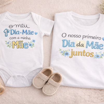 Conjunto de roupa mãe e bebé branco com textos do Dia da Mãe sobre fundo bege