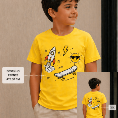 Camisola amarela para criança com estampado de foguetão, sol, raio e skate