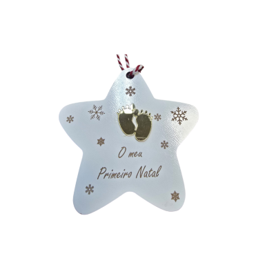 Enfeite de Natal estrela branco com texto e desenhos dourados