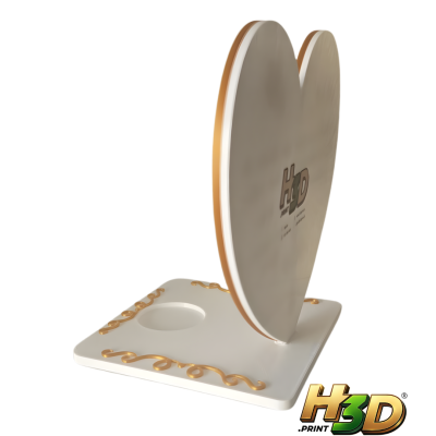 Suporte 3D em formato de coração branco com detalhes dourados e logótipo H3D PRINT.