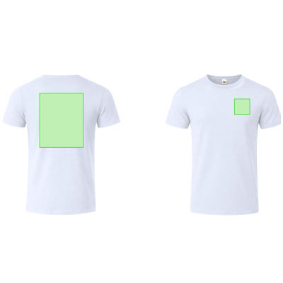 T-shirts brancas de manga curta com áreas verdes para personalização no peito e nas costas.