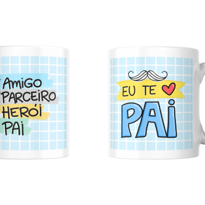 Caneca com texto colorido em padrão de azulejos azuis e branco.