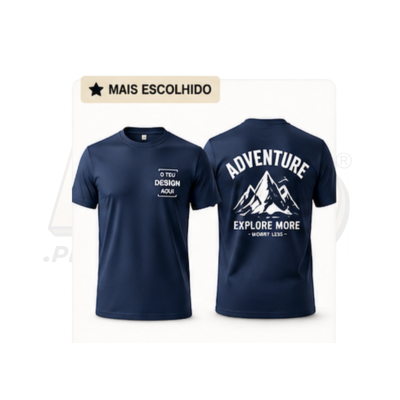 Camiseta azul escura com texto branco frente e costas