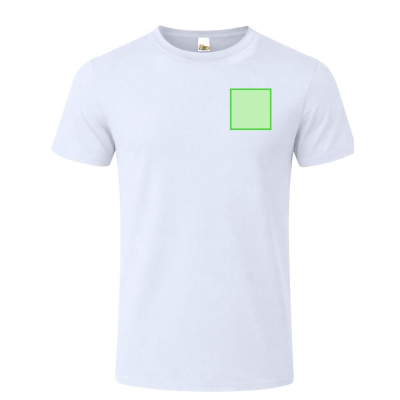 T-shirt branca com quadrado verde claro no peito e etiqueta H&D na gola