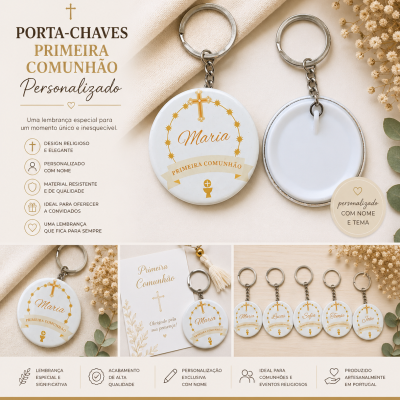 Porta-chaves redondos personalizados para Primeira Comunhão com design religioso em branco e dourado