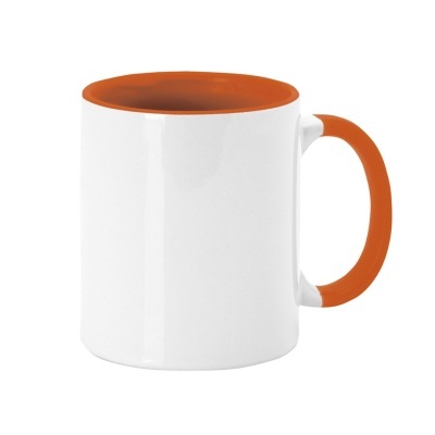 Caneca branca com interior e pega laranja