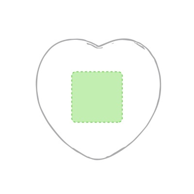 Saco branco em forma de coração com um quadrado verde claro pontilhado no centro