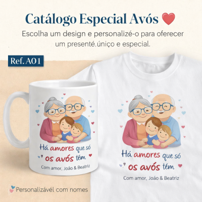 Caneca e t-shirt brancas com ilustração colorida de avós e netos e texto em português.