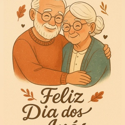 Ilustração de avós idosos com suéter e casaco, em fundo neutro com texto Feliz Dia dos Avós.