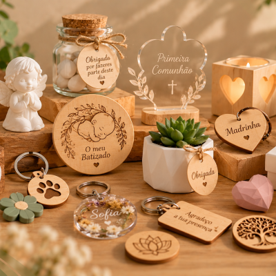 Lembranças para eventos com etiquetas de madeira gravadas, chaveiros, velas em castiçais de madeira e plantas em vasos decorativos