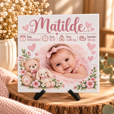Poster personalizado de bebé com nome Matilde, data, hora, peso e tamanho, decorado com ursinho, coelho e flores cor-de-rosa
