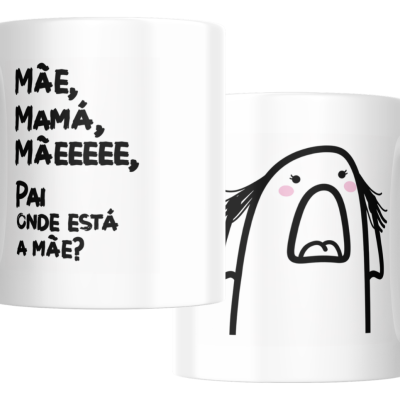 Caneca branca com texto em preto e desenho de personagem com cabelo preto