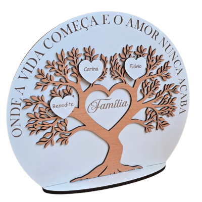 Placa decorativa de família com árvore e corações
