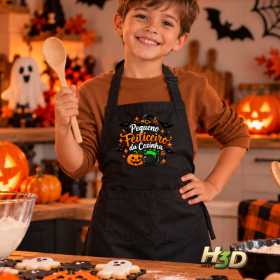 Avental preto para criança com tema de Halloween na cozinha