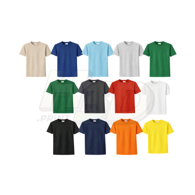 T-shirts básicas variadas em várias cores sobre fundo branco