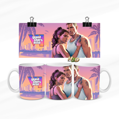 Caneca com design ilustrado de personagens e texto Grand Theft Auto