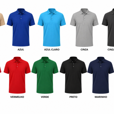 Doze polos de diversas cores etiquetadas em português em fundo branco