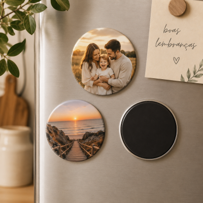 Imãs redondos metálicos para frigorífico com fotos personalizadas.
