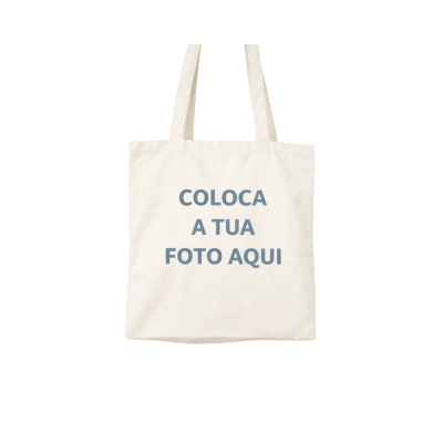 Saco de pano branco com texto azul COLOCA A TUA FOTO AQUI