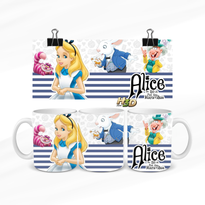 Canecas de cerâmica com ilustrações de Alice no País das Maravilhas