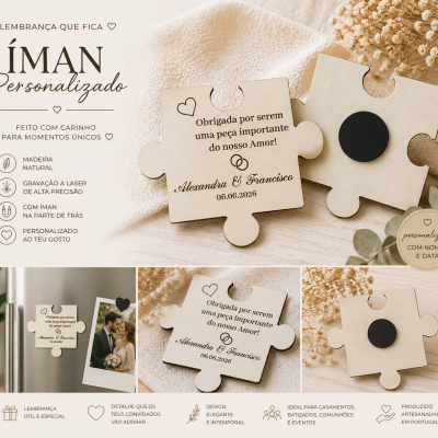 Íman de madeira formato puzzle personalizado com texto gravado e íman preto na parte de trás