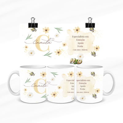 Três canecas brancas com decoração floral e texto em português
