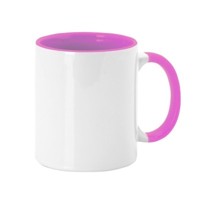 Caneca branca com interior e pega rosa