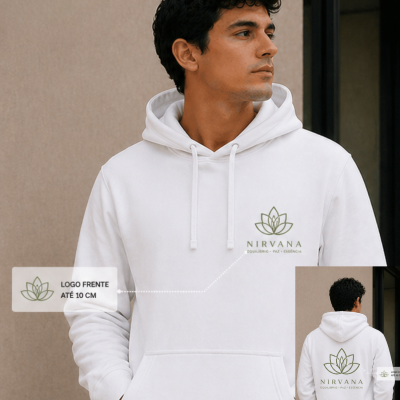Homem com sweatshirt branca com capuz e logotipo verde NIRVANA frontal e costas