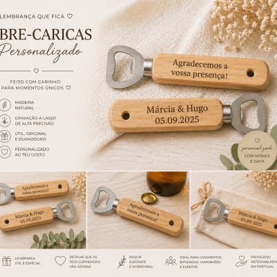Abre-caricas de madeira personalizada com gravações a laser, sobre tecido bege e madeira clara