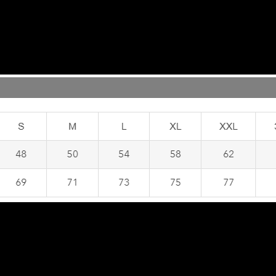 Guia de tamanhos com medidas de peito e comprimento para vários tamanhos