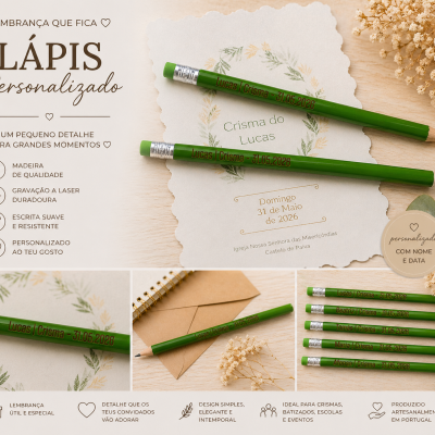 Lápis verdes personalizados com gravações de nomes e datas sobre papel decorativo, mostra detalhes do produto e texto promocional em português.