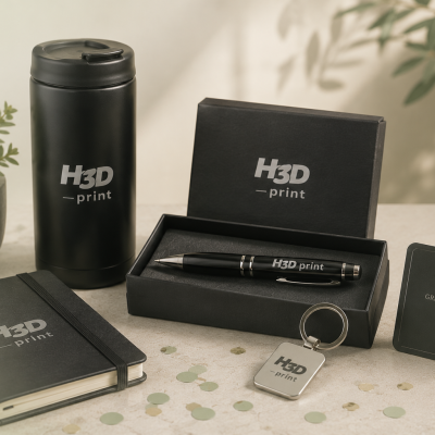 Conjunto de brindes corporativos H3D print em preto e cinza com caneta, caderno, garrafa térmica, porta-chaves e cartão sobre mesa clara