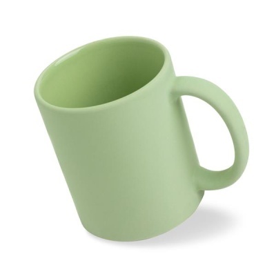 Caneca verde clara de cerâmica com pega arredondada