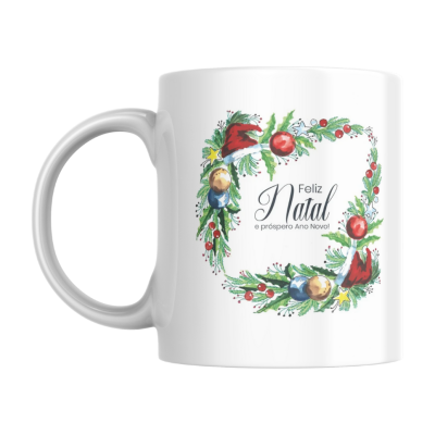Caneca branca com design natalício colorido e texto de Natal.