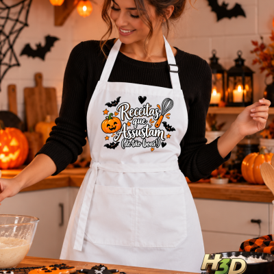 Mulher com avental branco de Halloween num ambiente decorado para a ocasião