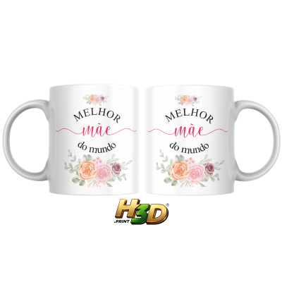 Duas canecas brancas com texto e flores decorativas lado a lado