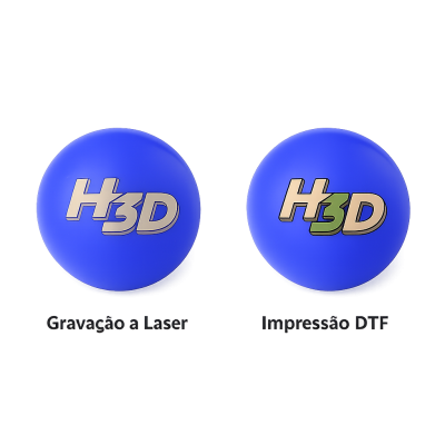 Duas esferas azuis com logotipo H3D em relevo e texto explicativo em português.