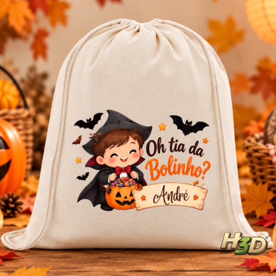 Saco de tecido com design infantil de Halloween e texto personalizado André