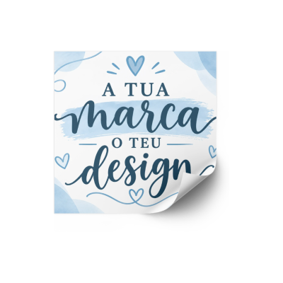 Adesivo quadrado branco e azul com texto e decoração em azul e canto dobrado