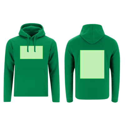 Camisola com capuz verde com áreas retangulares verdes claras na frente e costas