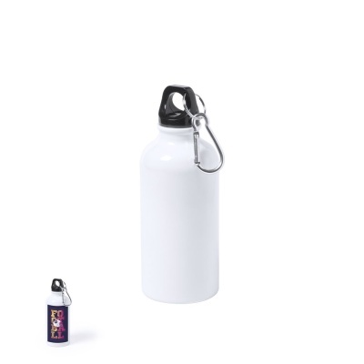 Garrafa de água branca com tampa preta e mosquetão metálico
