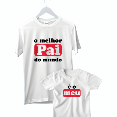 Conjunto de t-shirts brancas com texto em preto e vermelho para pai e filho